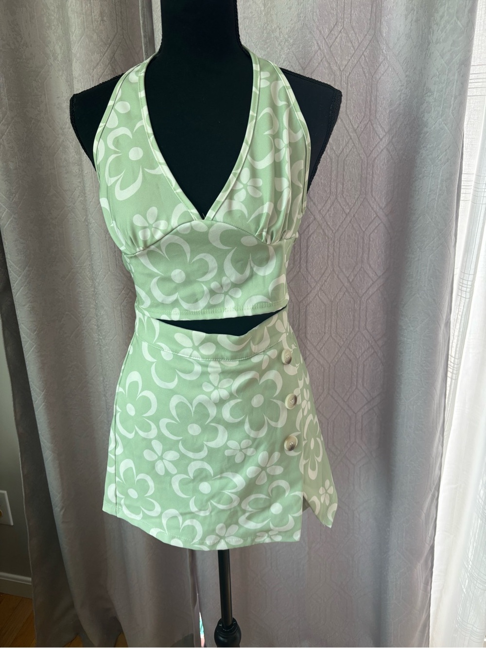 Altar'd State Mint Green White Floral Halter Crop Top & Skort Set